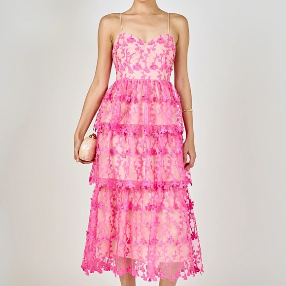 Endless Rose Hot Pink Lace Tiered Spaghetti Strap Maxi Dress - Picture 4 of 9